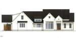 Architectural rendering of a modern, single-story house with white exterior walls, black gable roofs, large windows, and a wooden garage door on the left side.