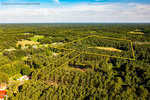 Aerial view of a rural, wooded landscape with a yellow outline marking the approximate boundaries of a large property surrounded by trees and scattered houses under a blue sky.