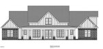 Black and white architectural drawing of a house front elevation with a large covered porch, gabled roofs, multiple windows, and a mix of brick and vertical siding.