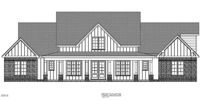 Black and white architectural drawing of a house front elevation with a large covered porch, gabled roofs, multiple windows, and a mix of brick and vertical siding.