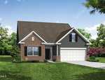 A single-story suburban house with brick and dark siding, white trim, a front porch, black shutters, and a two-car white garage, surrounded by green lawn, shrubs, and trees under a clear blue sky.