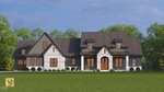 A large, modern farmhouse-style home with stone and dark siding exterior, gabled roofs, prominent dormer windows, and a wide front lawn, set against a backdrop of green trees and blue sky.