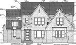 Architectural drawing of a two-story house with multiple gabled roofs, several windows, a side-entry garage, labeled measurements, materials, and construction notes throughout the design.