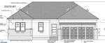 Architectural blueprint of a single-story house with a gable roof, two front-facing windows, front steps, and a two-car garage on the right side. Various measurements and construction details are labeled.
