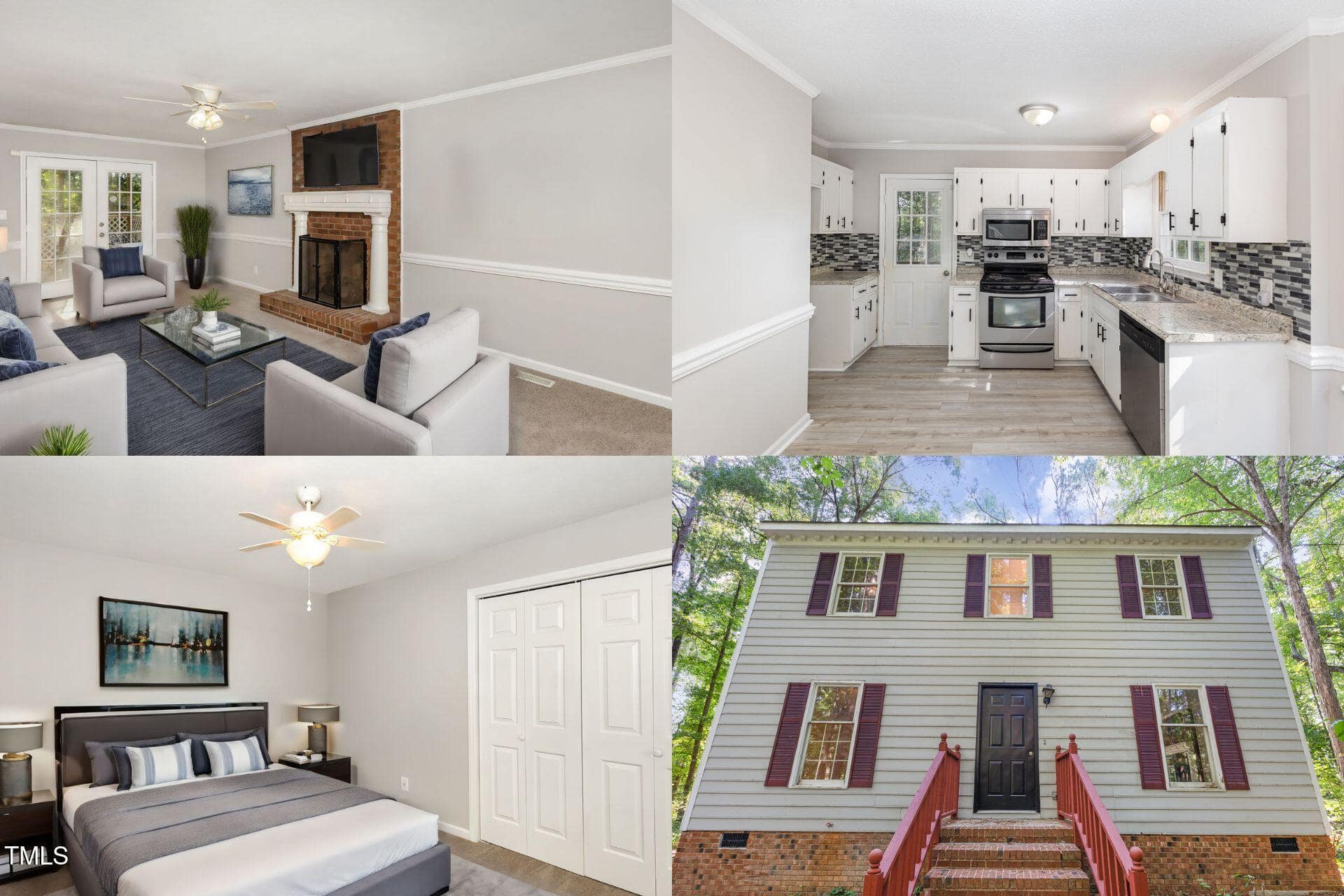 A collage shows a living room with a fireplace, a white kitchen with stainless appliances, a bedroom with a bed and ceiling fan, and the exterior of a two-story house with red steps.