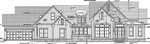 Architectural blueprint drawing of a single-story house exterior showing multiple gabled roofs, windows, a front door with sidelights, stone and siding details, and an attached two-car garage on the left.