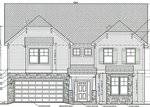 Architectural blueprint of a two-story house with a double garage, central front door, multiple windows, and a gabled roof, showing exterior details such as siding, stone veneer, and labeled measurements.