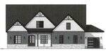 A black and white architectural drawing of a house with three front-facing gables, a stone base, and an attached single-car garage on the right. The front door and windows are centered beneath the main roof peak.