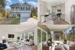 A collage of four photos shows: a two-story suburban house with an attached garage, a white kitchen with stainless steel appliances, a bright living room, and a covered back patio with seating, all in a wooded area.
