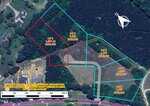 Aerial view of five outlined land lots for sale, labeled with acreage and prices. The lots are bordered by trees and a curved road named Sweet Sisters Way, with nearby houses and a highway visible.