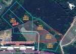 Aerial view of a wooded area divided into five outlined lots with acreages and prices listed; Lot 1 is marked "SOLD." Roads, nearby homes, and a "not a survey" disclaimer are visible.