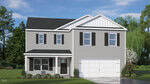 A two-story modern suburban house with gray siding, black shutters, a covered front porch, and a double garage. The house is surrounded by green lawn and trees under a partly cloudy sky.