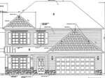 Architectural blueprint of a two-story house with a double garage, front porch, multiple windows, gabled roof, and detailed notes on dimensions and exterior materials.
