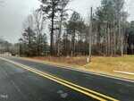 A two-lane road with double yellow lines runs alongside a wooded area with tall trees and a grassy patch. The sky is overcast and the area appears damp. A power pole stands next to the road.