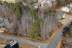 Aerial view of a residential neighborhood showing a corner lot with dense trees and bare branches, bordered by paved roads and surrounded by houses with yards.