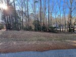 A vacant, grassy lot with scattered leaves and pine needles sits alongside a paved road. Leafless trees border the lot, and a house is partially visible in the background on a clear, sunny day.