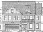 Architectural blueprint of a two-story house with a double garage, four front windows on the second floor, a covered porch with columns, and detailed notations for construction specifications.