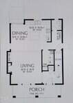 Floor plan showing a porch, living room, dining room, kitchen with pantry and cabinets, built-ins, storage area, and stairs. Room dimensions and labels are indicated.