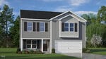 Two-story suburban house with gray siding, black shutters, a dark front door, large windows, and an attached double garage. Neatly trimmed shrubs line the front, with green grass and trees in the background under a partly cloudy sky.