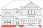 Architectural drawing of a two-story house front with labeled features, including a double garage, front door with side window, multiple windows, "LOW SLOPE" note on the roof, and measurements marked in red.