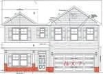Architectural drawing of a two-story house with horizontal siding, double garage door labeled "16 X 7," front porch, and several windows on both floors. Roof features shingles and gable accents.