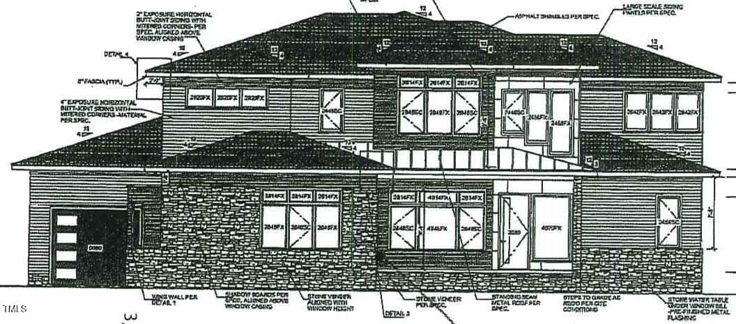Black and white architectural elevation drawing of a two-story house with a mix of siding and stone exterior, multiple windows, a garage on the left, and detailed notations on building materials and design features.