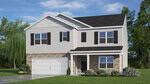A two-story suburban house with white siding, brick accents, black shutters, and a black shingled roof. The home has a two-car garage, a front porch, and landscaped shrubs and flowers in the yard.