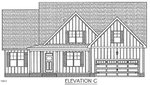 Black and white architectural drawing of a house labeled "Elevation C," featuring a front porch, one front door, multiple windows with shutters, and a two-car garage with vertical siding detail.