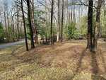 A sloped, grassy area with scattered trees and patches of bare ground is shown next to a narrow paved road in a wooded neighborhood on a clear day.