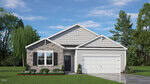 Single-story suburban house with gray siding, stone accents, white trim, black shutters, a dark front door, double garage, and landscaped front yard with green grass, shrubs, and trees in the background.