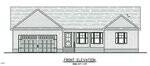 Black and white architectural drawing of a single-story house front elevation with two-car garage on the left, central front door with steps and columns, and two windows on the right. Scale noted at the bottom.