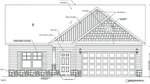 Black and white architectural drawing of a single-story house with a gable roof, double garage door, front porch, main entrance door, and multiple labeled exterior design details.