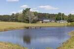 A small wooden dock extends over a pond surrounded by grassy banks. In the background, there is a house, a metal shed, and trees under a clear blue sky with scattered clouds.