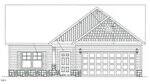 Black and white architectural drawing of a single-story house with a gabled roof, double garage, front door, two windows, stone accents at the base, and various exterior siding textures.