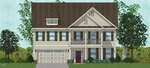 A two-story house with a brown roof, beige siding, double garage, upper and lower front porches with columns, green shutters, and a front yard with grass and trees.