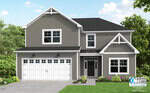 Modern two-story house with gray vertical siding, white trim, a double garage, and gabled roof. Green lawn, shrubs, and trees surround the home. A Caviness & Cates Communities logo is in the bottom right corner.