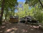 A small wooden cabin and a silver travel trailer sit side by side in a shady, wooded clearing with tall trees and sunlight filtering through the leaves.