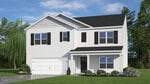 Two-story white house with black shutters and roof, attached two-car garage, front porch, green lawn, shrubs, and trees in the background under a partly cloudy sky.