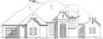 Black and white architectural drawing of a single-story house with a gabled roof, arched entryway, multiple windows with shutters, and a two-car garage on the left. Various measurements and notes are labeled on the image.