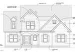 Architectural drawing of a two-story house exterior, showing detailed rooflines, windows, front entrance, trim, and construction notes. The house features multiple gables and a covered entryway with columns.