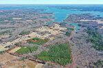 Aerial view of a wooded land parcel outlined in red on 001 Scott Lane in Henderson, surrounded by other properties, forested areas, and a large blue lake in the background under a clear sky.