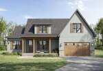 A modern farmhouse with gray siding, wooden shutters, and a gabled roof. There is a front porch with two chairs, a two-car garage with wooden doors, and a landscaped front yard with green grass and shrubs.