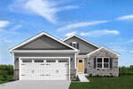 Single-story house with gray siding, partial stone facade, a two-car white garage, a yellow front door, black shutters on one window, and a manicured lawn under a blue sky with clouds.