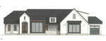 Front elevation drawing of a modern single-story house with a mix of dark and light exterior finishes, large windows, a stone accent, and a single-car garage on the right side.