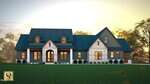 A modern farmhouse-style home with dark blue siding, white stone accents, gabled rooflines, wooden front doors, and a spacious front lawn, pictured at sunset with trees in the background.