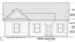 Black and white architectural drawing of a single-story house front elevation, showing a central front door, three windows with shutters, gable roof, and labeled construction materials and dimensions.