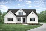 Modern white farmhouse with black trim and double front doors, featuring large windows, gabled roof, and a manicured lawn with a curved driveway, set against a backdrop of greenery and a blue sky with light clouds.