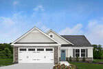 Single-story suburban house with light beige siding, stone accents, a dark shingled roof, white double garage doors, blue front door, small shrubs, flower bed, and a green lawn under a blue sky with clouds.