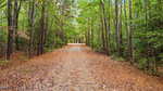 A dirt path covered with fallen pine needles winds through a forest of tall, green trees under a lightly overcast sky. The path curves gently and disappears into the distance, surrounded by dense woodland.