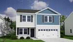 A two-story modern suburban house at 175 Buckthorn Drive, Youngsville, with white siding, blue upper accents, black shutters, a double garage, and a black front door, set beneath a blue sky with a few clouds.